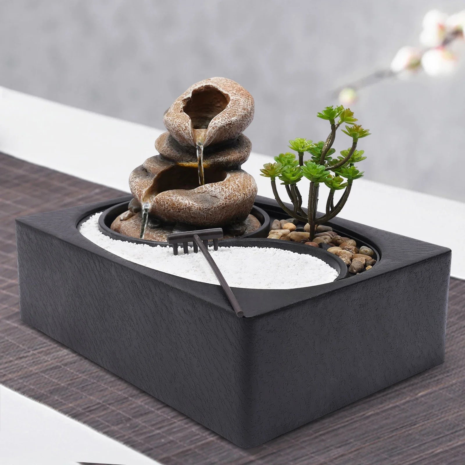 Bymaocar Tabletop Resin Rock Water Fountain With LED Light Indoor Decor