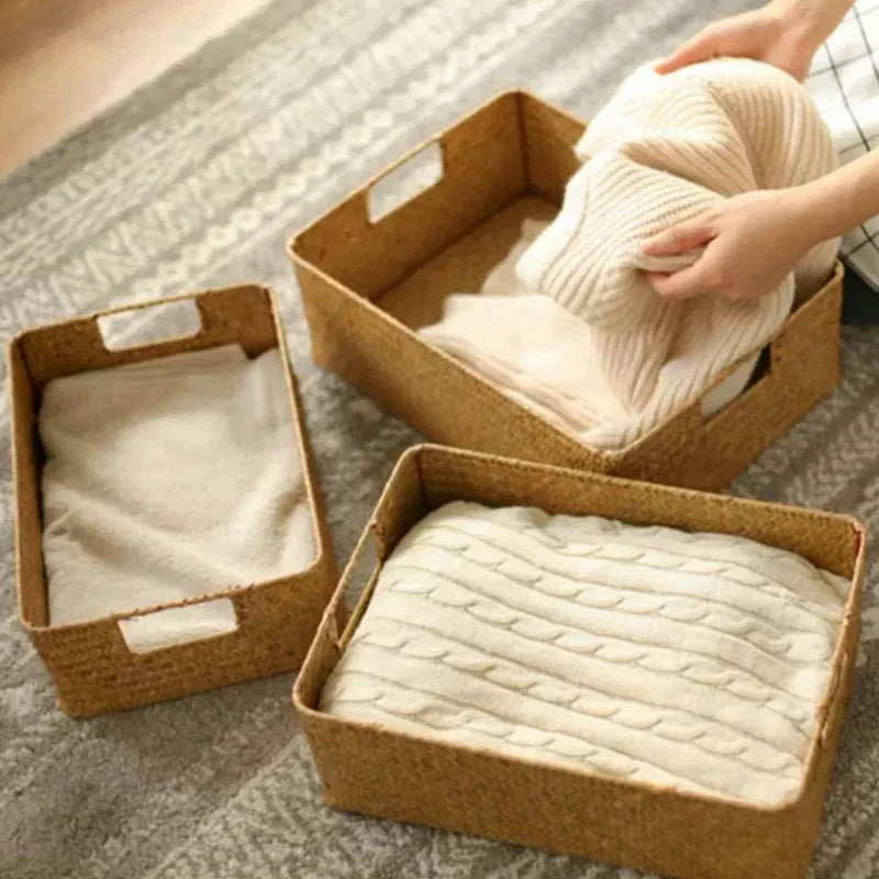 Woven Seagrass Basket for Home Decor, Natural Wicker Basket, Storage Basket, Fruit Bread Towel, Kitchen Table, Rattan