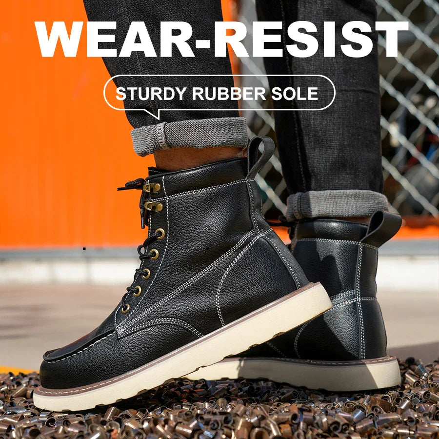 Two layer cowhide men's anti-smash anti-puncture high top work safety shoes