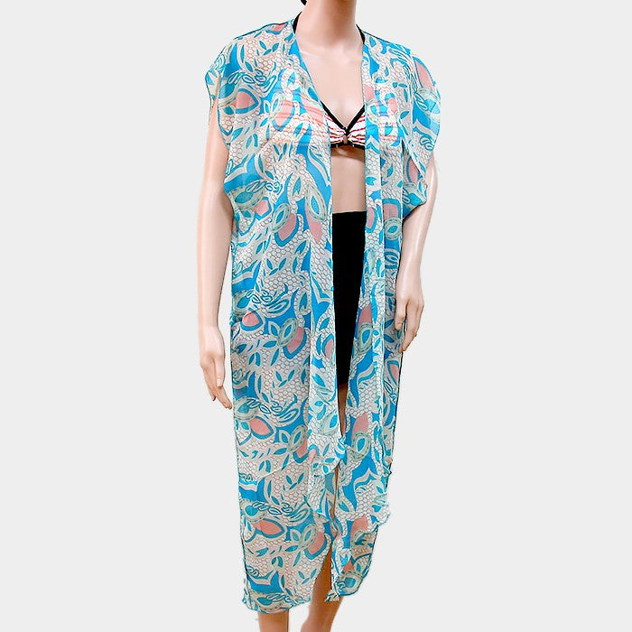 Leaf pattern short sleeve long cardigan