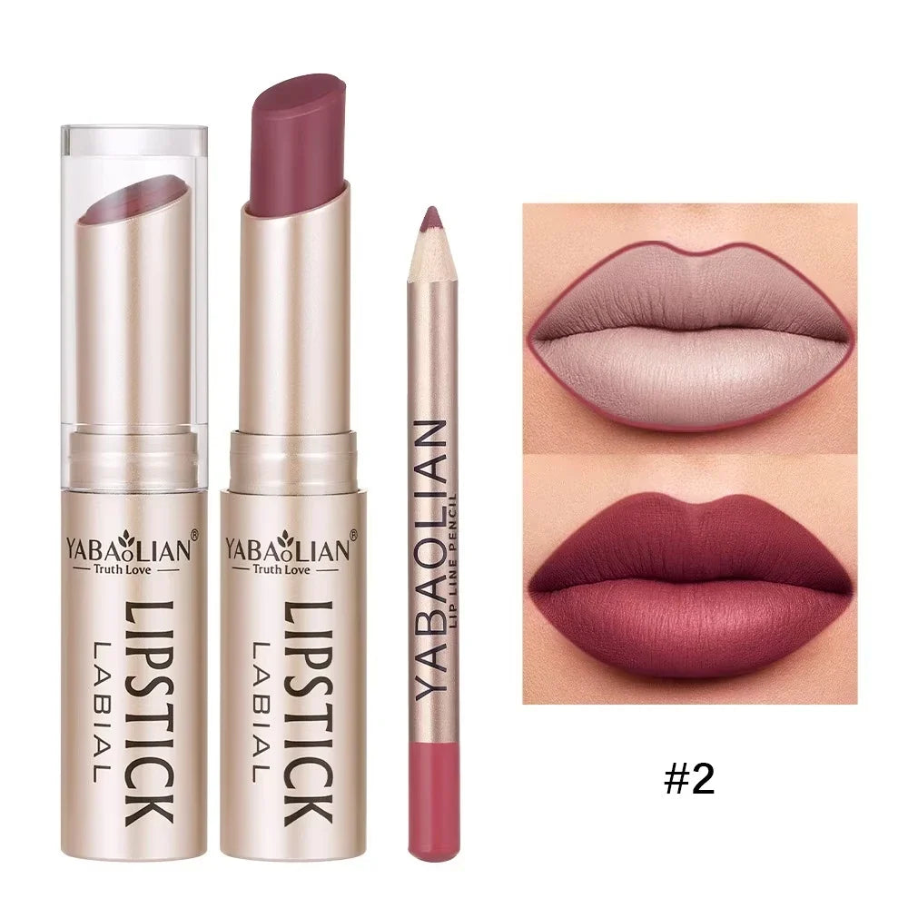 Professional 2PCS Lip Liner Lipstick Set Matte Finish High Pigment Long Lasting Waterproof Sweatproof Cosmetic Beauty Kit