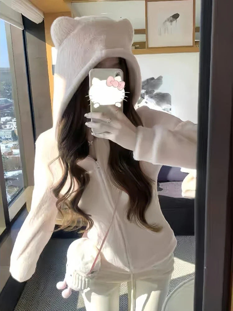 2025 Kawaii Plush Hoodie Women Bear Ear Zip Jacket Soft Warm Fleece Coat Korean Sweet Girl Winter Outerwear Cute Fashion Trend