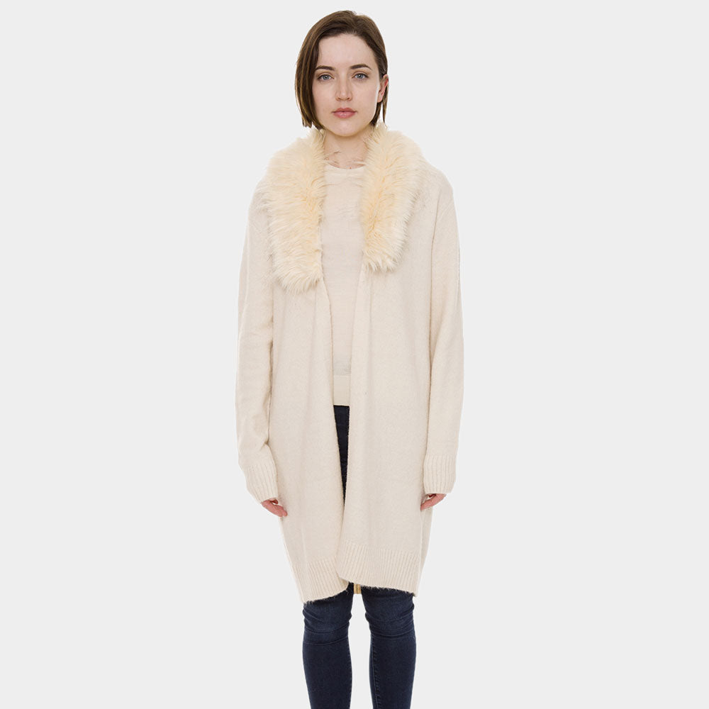Faux Fur Collar Solid Color Cardigan