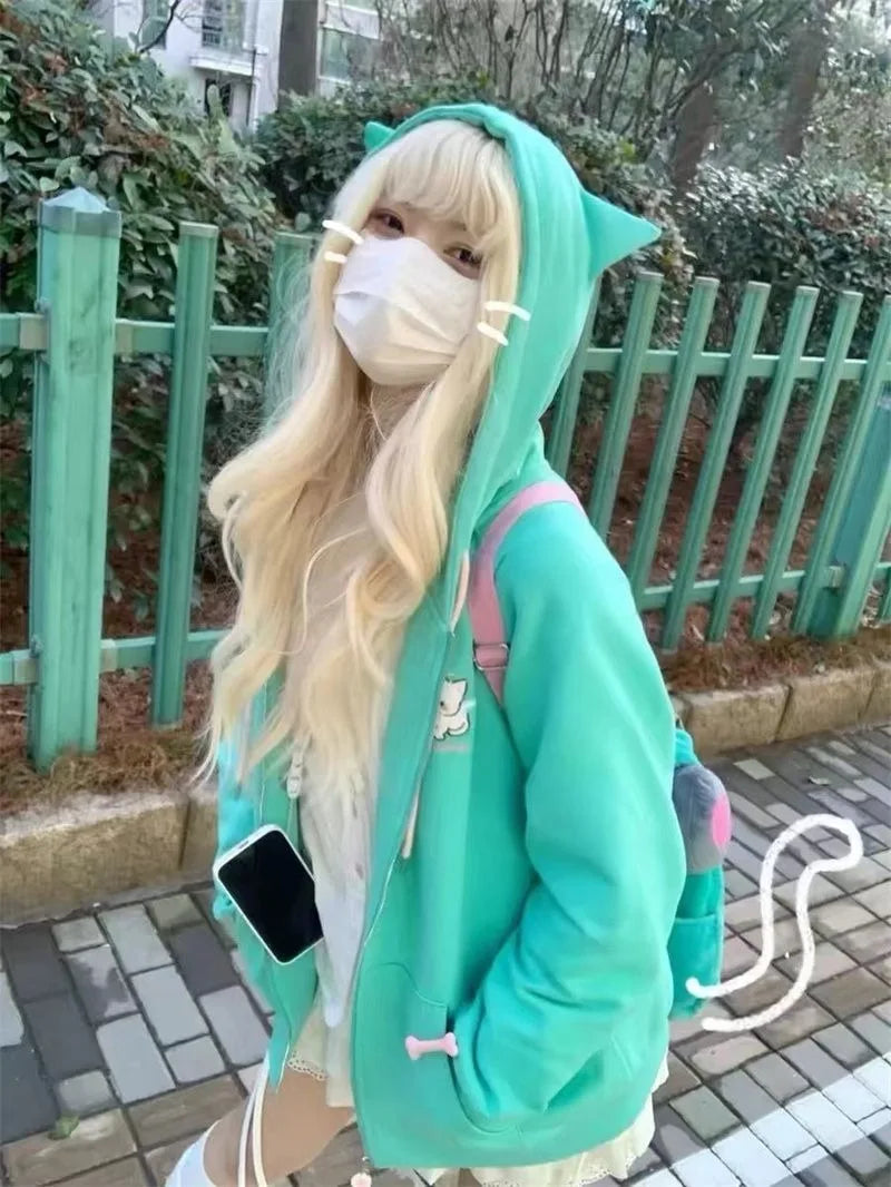 Zipper Hoodie Gothic Cartoon Kawaii Cat Ear Y2k Jacket Zip Up Thin Coat Spring Autumn Cute Core 2000s Clothes Fall Sweatshirts