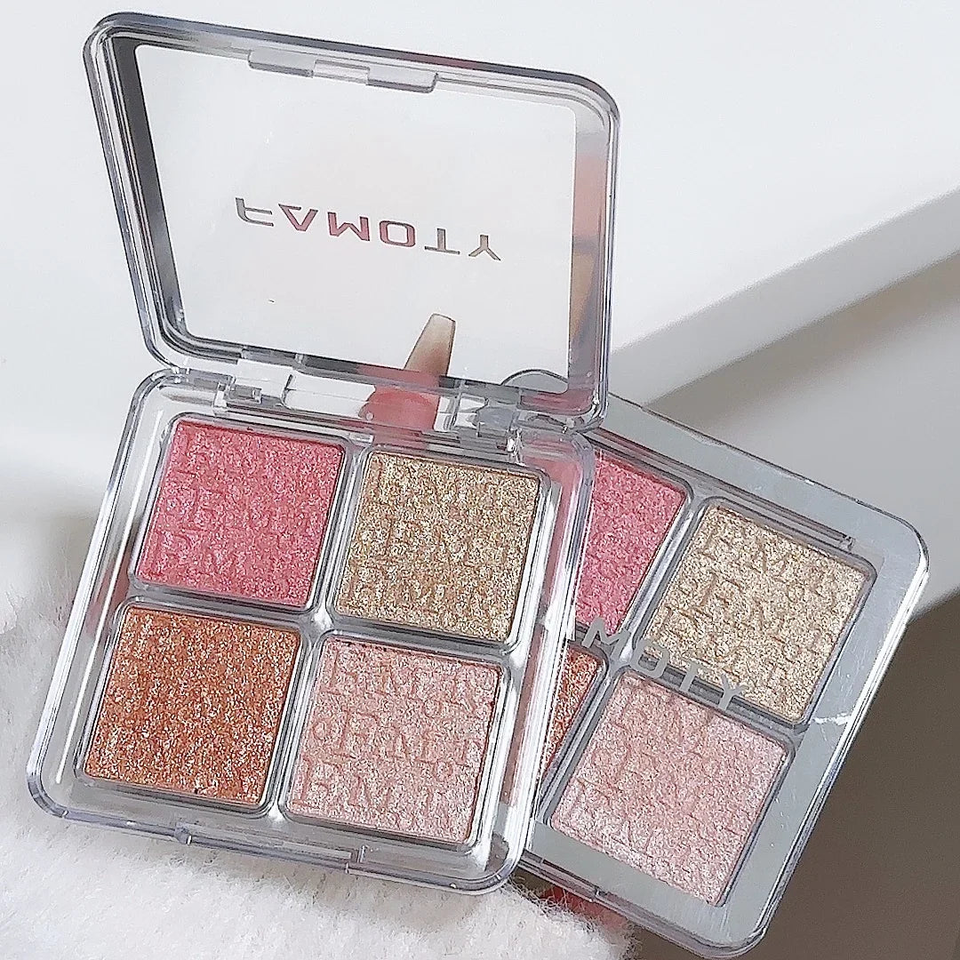 4-Color Face Highlighter Palette, Pearly Glitter Shimmer Smooth Baked Powder, Lasting Sparkling Highlighter Makeup
