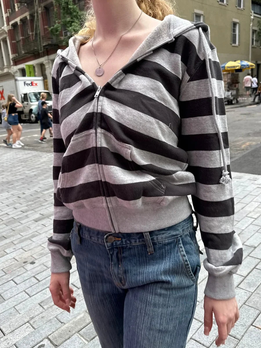 Stripes Vintage Zip-up Hoodie Woman Drawstring Hooded Long Sleeve Cotton Coat Casual Preppy Style Sweet Cute Hoodies Top Clothes