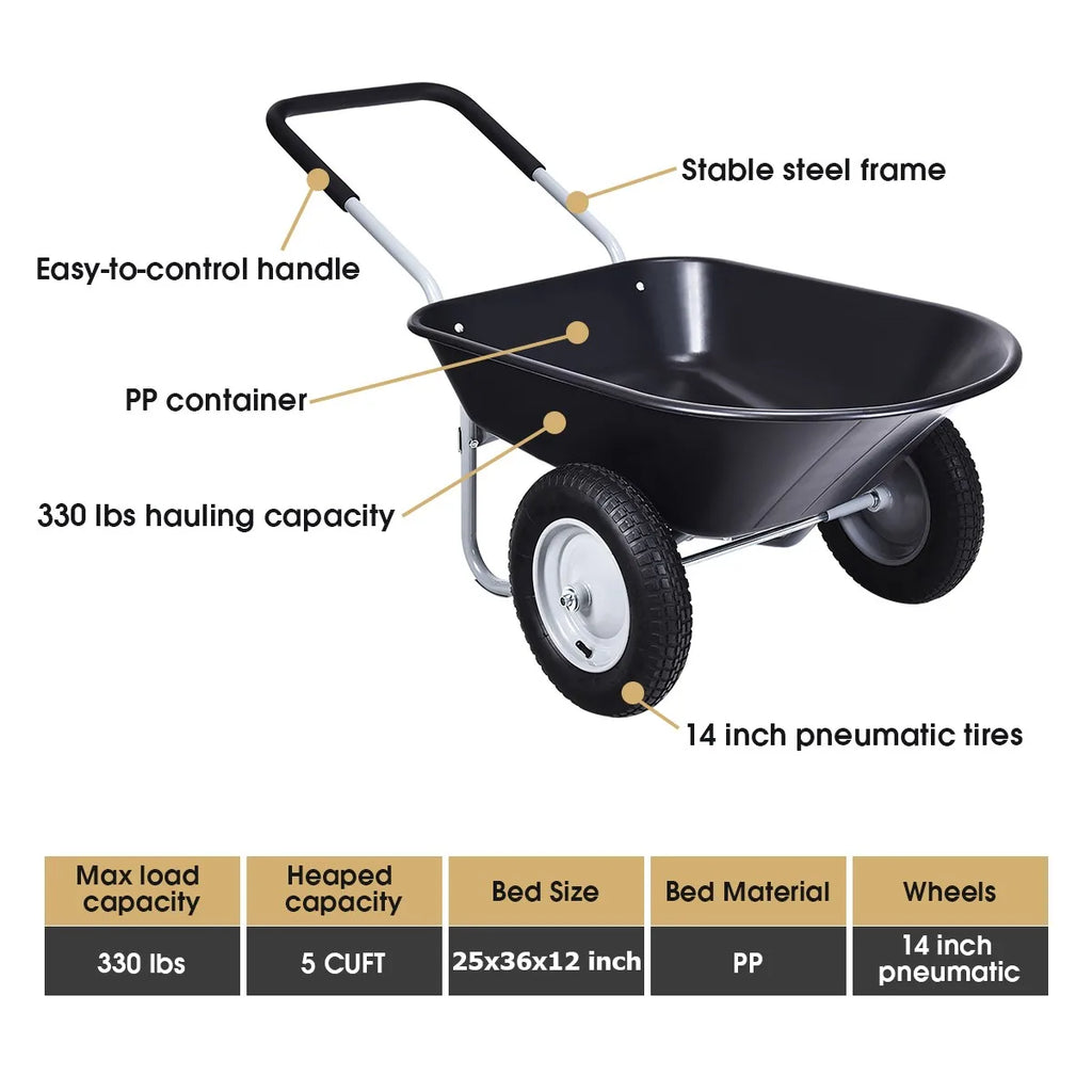 Dual Wheel Wheelbarrow Heavy Duty Garden Cart 330lbs Capacity Utility Cart Black