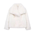 HH Women Fashion Cropped Faux Fur Jacket Coat Long Sleeve Front Snap-button Female Outerwear Chic Lapel Collar Thick Coat