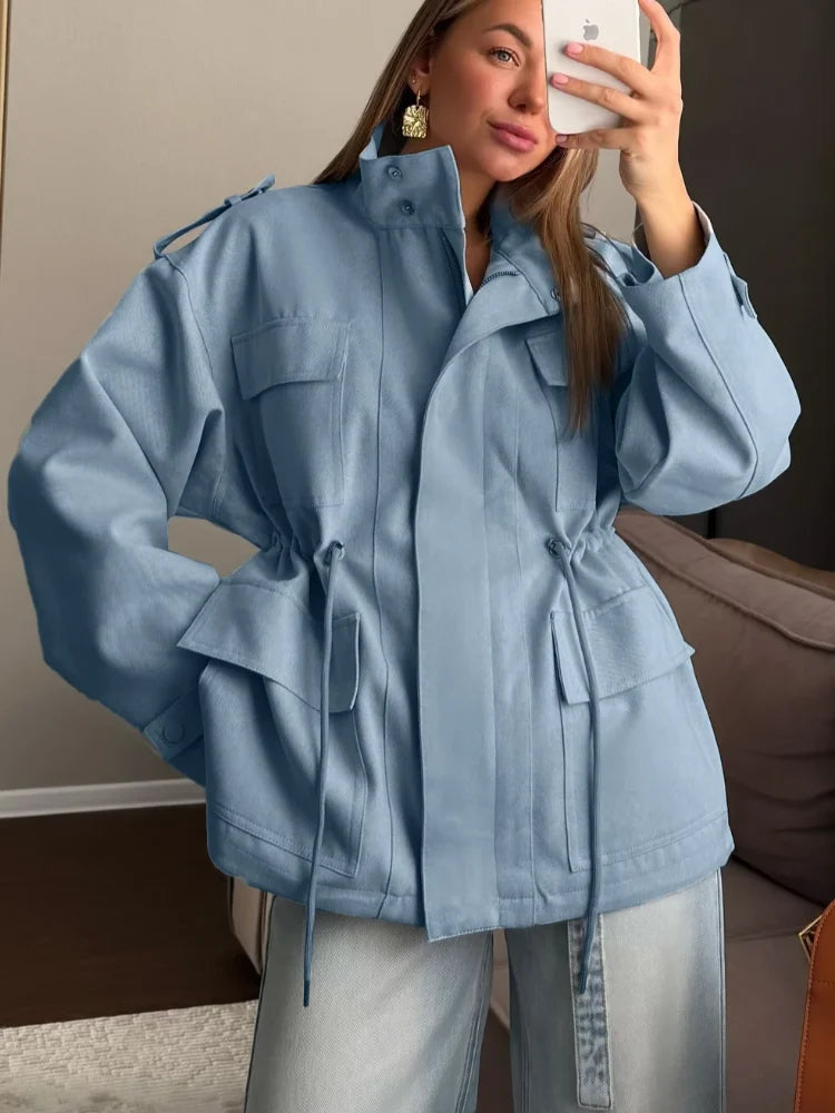 Women Blue Casual Multiple Patch Pocket Jacket Chic Corduroy Collar Single Breasted Short Coat 2026 Lady Daily Spring Wear New