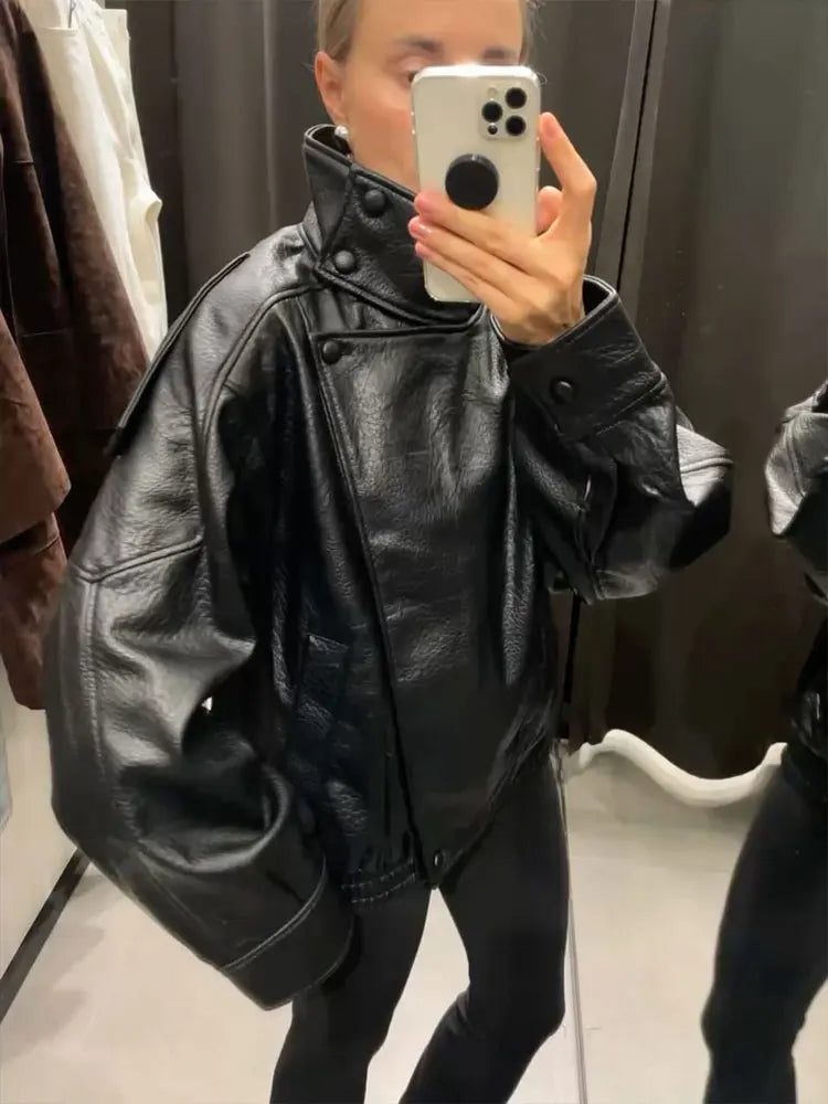 HH Autumn Faux Leather Jacket For Women Casual Solid Long Sleeve Zipper Pu Leather Coats New Fashion Female Streetwear