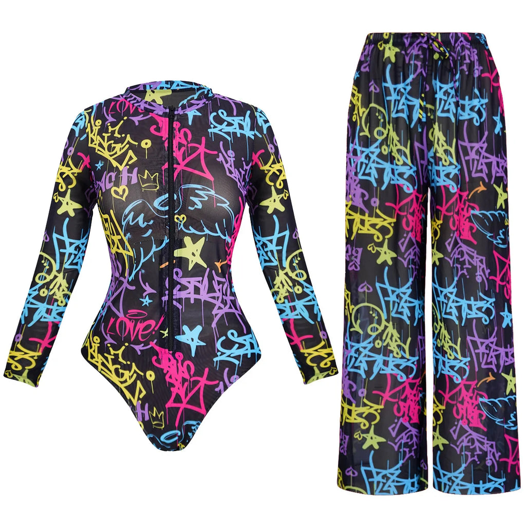 UPF35 Long Sleeved Sunscreen Swimsuit Long Pants Set Women Black Geometry Print Zipper Slim Fit Swimwear Bodysuit Beachwear 2025