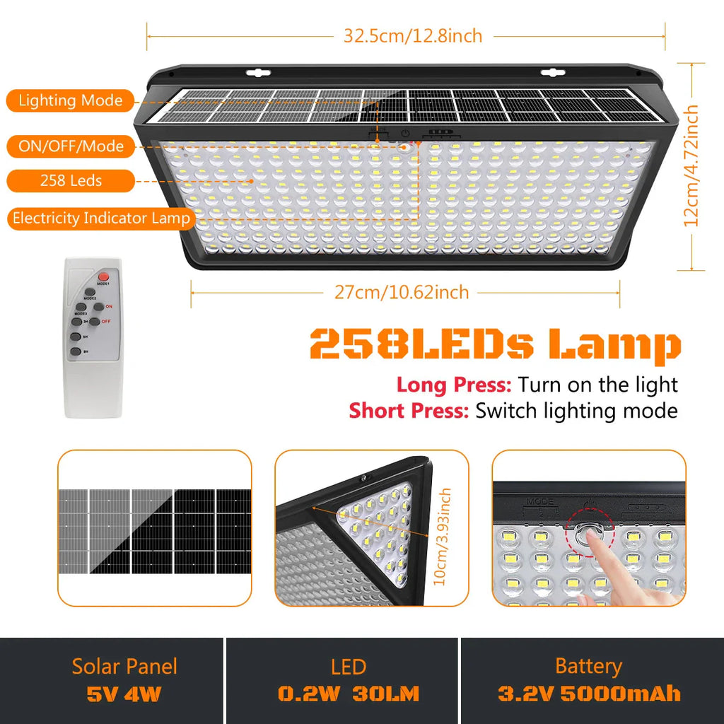 Solar Lights Outdoor Waterproof Motion Sensor 258 LED Solar Flood Light Solar Security Wall Lights with 3 Modes IP65 Waterproof