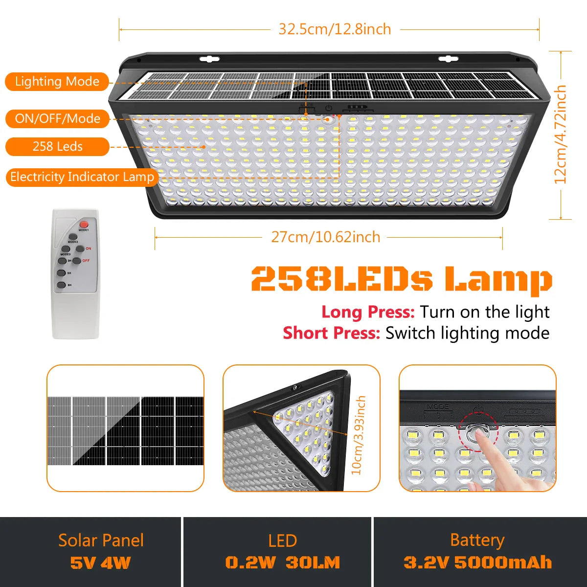 Solar Lights Outdoor Waterproof Motion Sensor 258 LED Solar Flood Light Solar Security Wall Lights with 3 Modes IP65 Waterproof