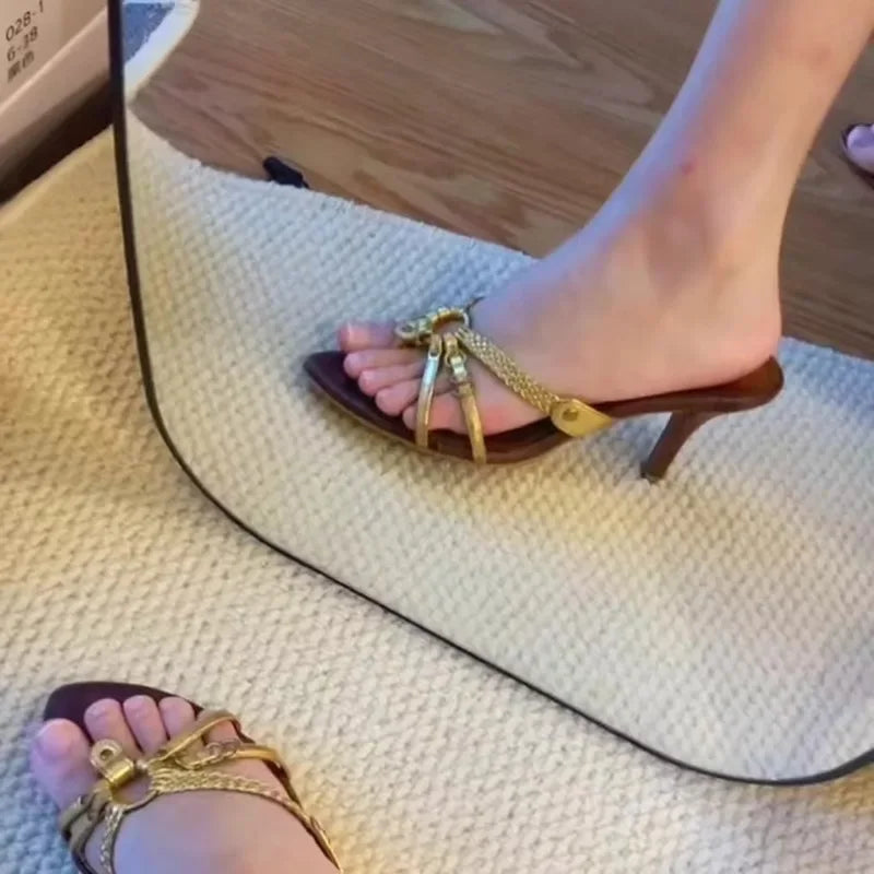 Women's Open-Toe Woven Cross Band Sandals Summer 2026 New Outdoor Wear Middle-aged Vintage Thin Heel Pointed Toe High Heels