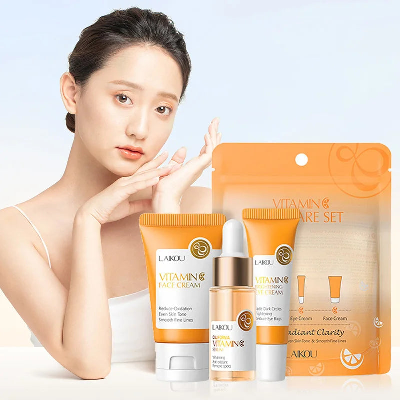 LAIKOU Vitamin C Skin Care Sets 3pcs Face Cream Serum Eye Cream Moisturizing Anti Wrinkles Facial Care Kit