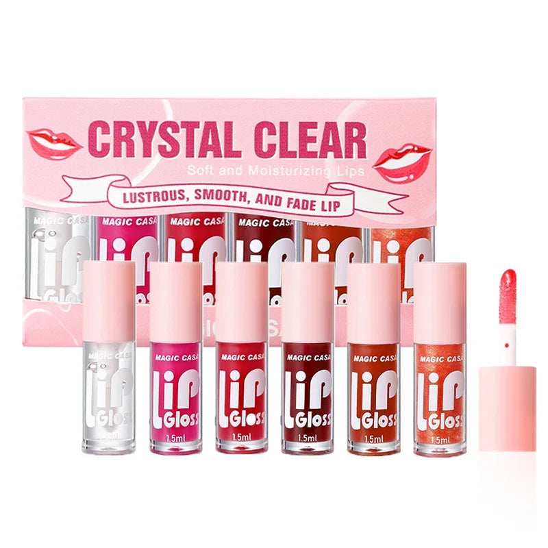 MAGIC CASA 6-Piece Set Water-Gloss Jelly Lip Oil - Plumping, Hydrating, Makeup Base, Long-Lasting Moisture