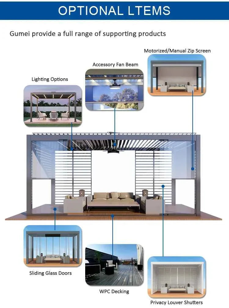 Motorized Aluminum Bioclimatic Pergola - Waterproof Electric Shutter Garden Gazebo