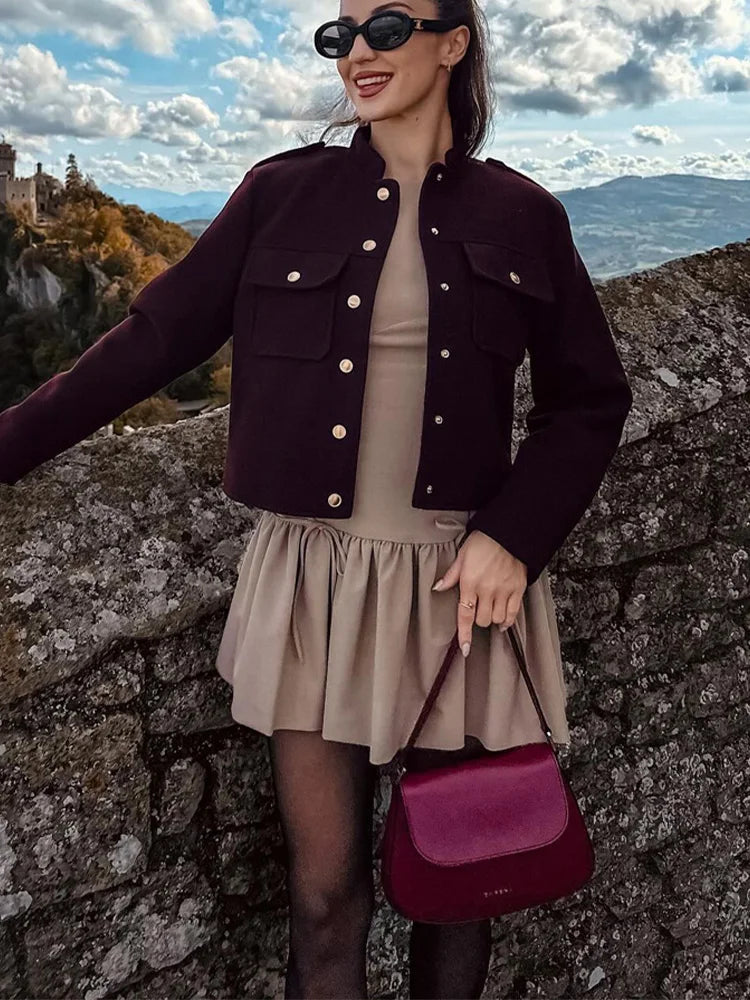 HH 2024 Fashion Women Soft Tweed Bomber Jacket O-Neck Long Sleeve Pockets Buttons Loose Woolen Coat Female Streetwear