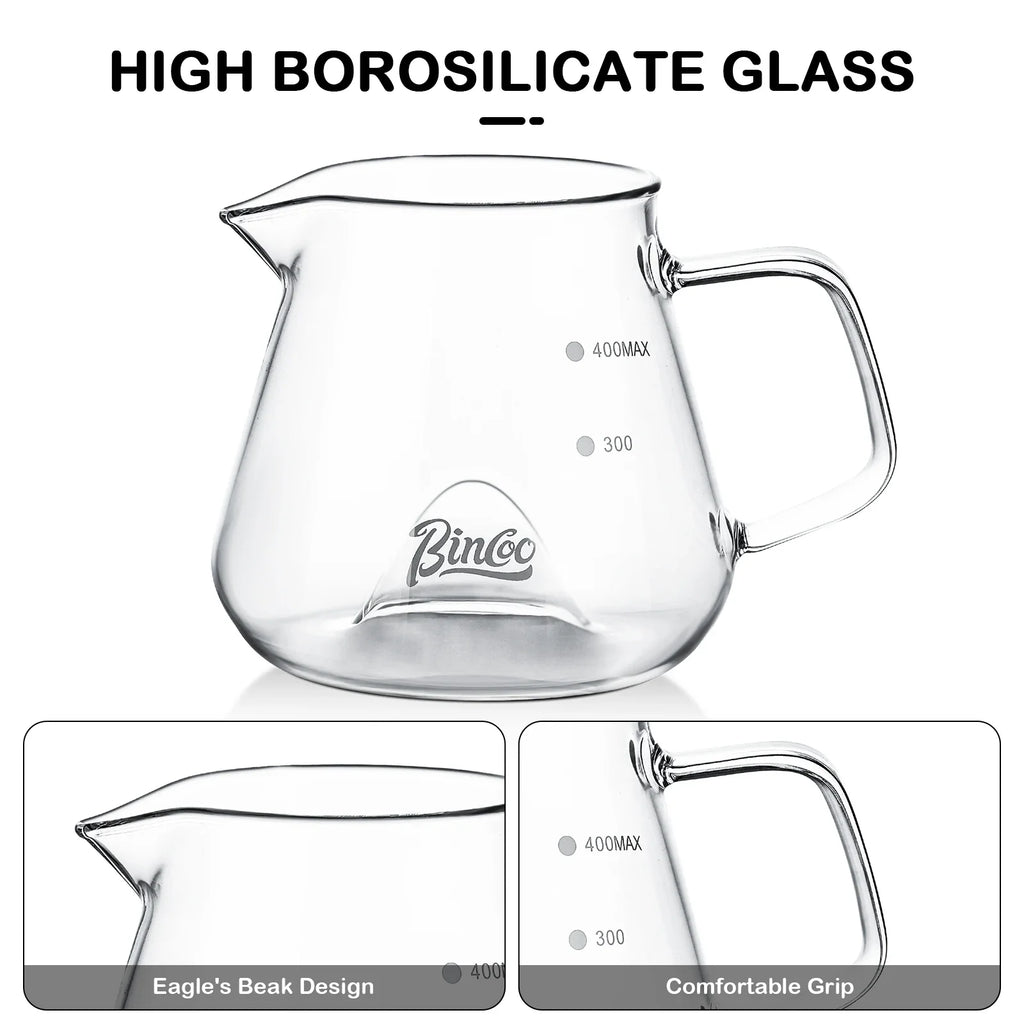 Bincoo 400ML Clear Glass Coffee Carafe Heat Resistant Visual Brewing Control Easy Sharing Pour over Coffee Maker