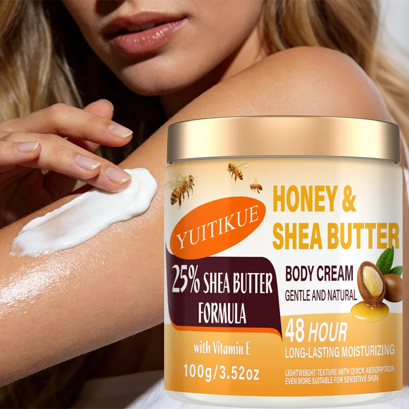 YUITIKUE 25% Shea Butter Body Cream 100g - 48H Moisturizer for Face, Body, Hands & Feet, Honey & Vitamin E, All-in-One Care