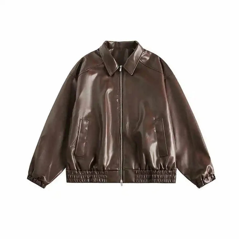 Retro Ladies Fashion Zipper Faux Leather Jacket Spring Autumn Women Long Sleeves Leather Coat 2025 Female PU Leather Outwear