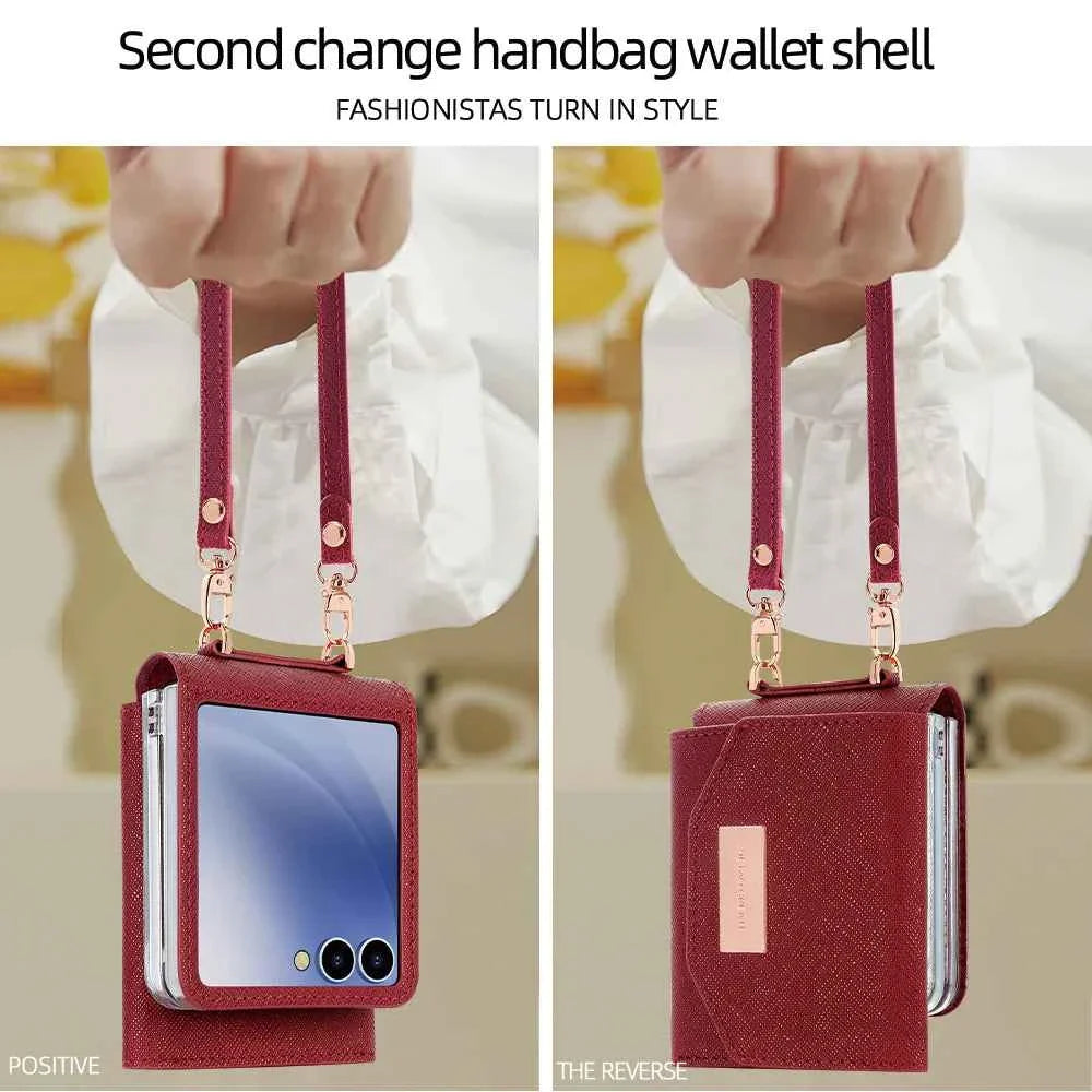 VIETAO Dark Red PU Leather Wallet Phone Case with Wrist Strap for Galaxy Z Flip 7/6/5/4/3 Women's Fashionable Phone Cover Case