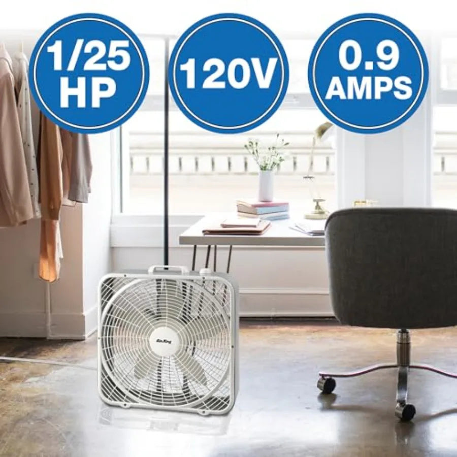 Box Fan Three Speed ABS Housing Quiet Remote Energy Efficient