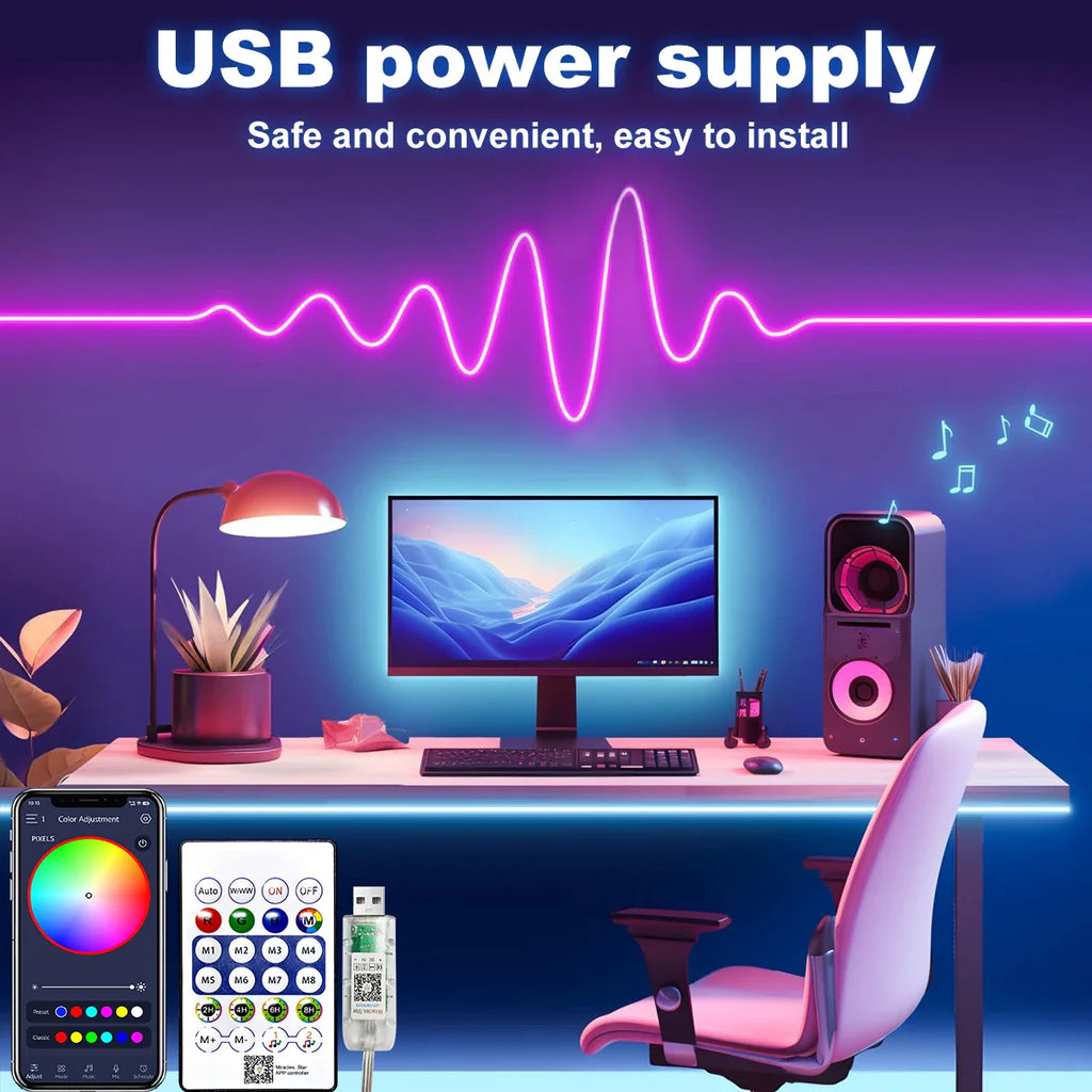 5V RGB+IC Neon Strip Light 1M 2M 3M 5M 10M USB Waterproof Flexible LED Strip Lights With Bluetooth Remote Control For Home Decor