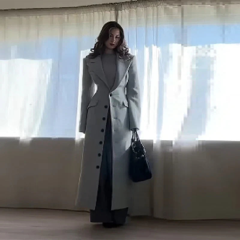 Women's Long Coat Slim V Neck Single Breasted Overcoats Shoulder Pad Maxi Jackets with Belt 2025 New Winter Lady Commute Outwear