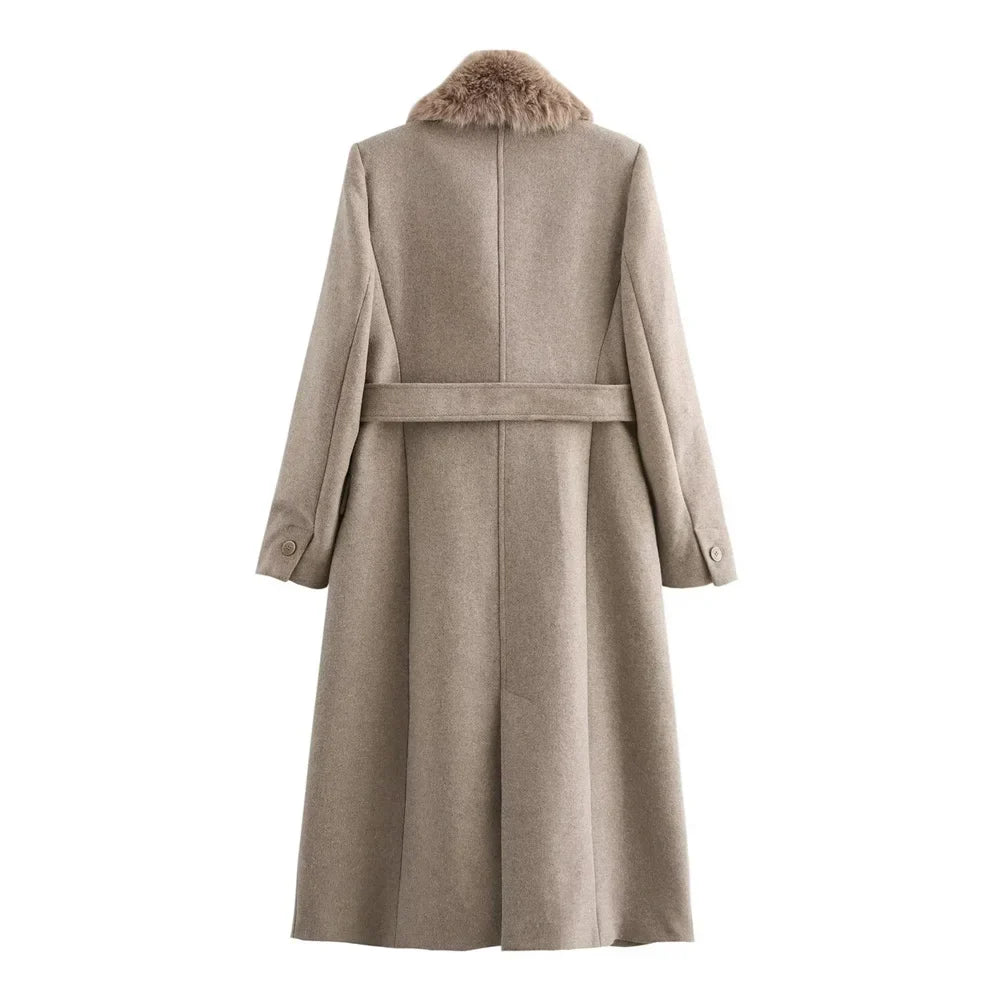 Women's Belt Warm Fur Collar Coat Flip Collar Pocket Button Decoration Autumn/Winter New Women's Wear