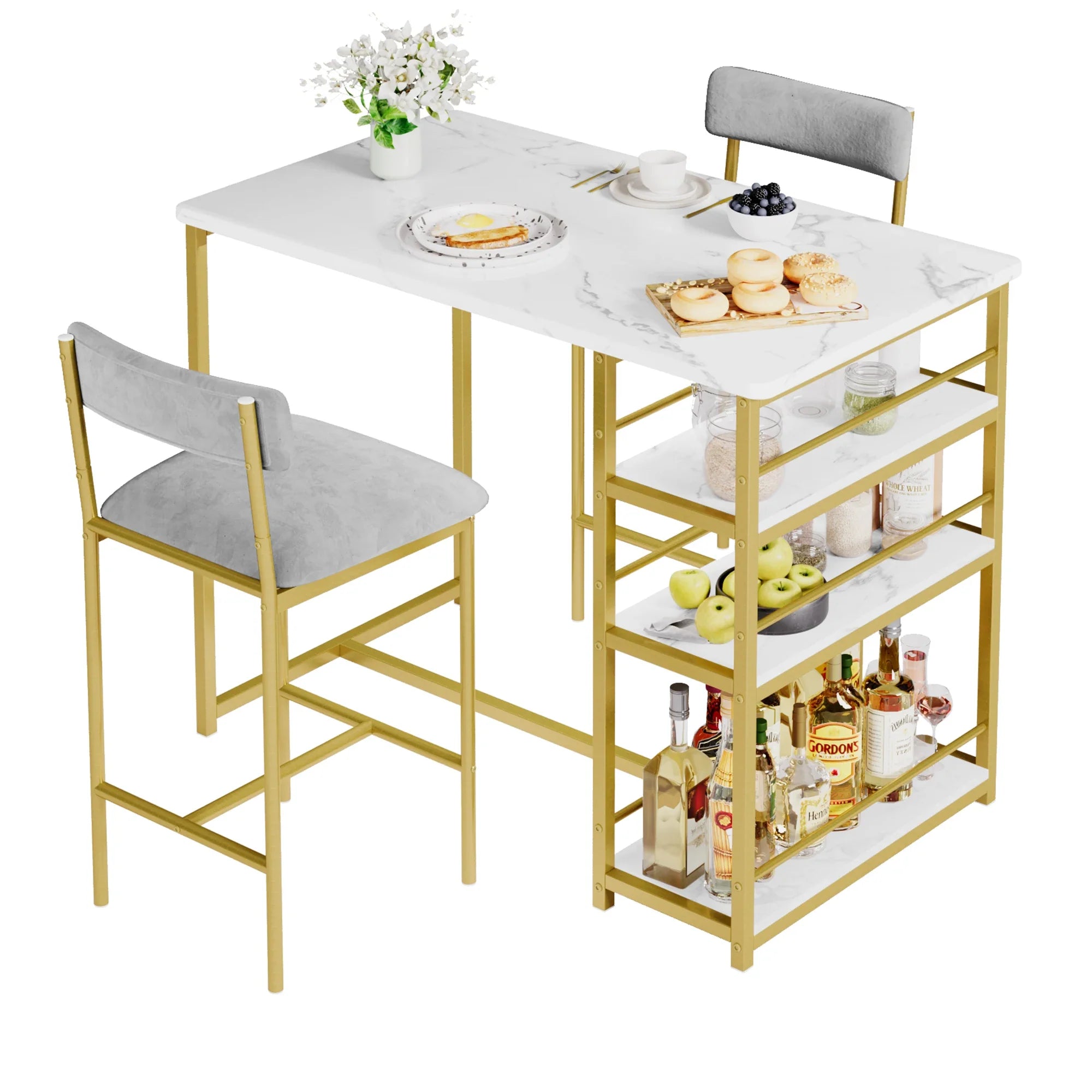 3 Pcs Dining Table and Chairs Set Space-Saving Bar Table with 2 PU Cushioned Stools for Breakfast Nook Small Spaces Dining Room