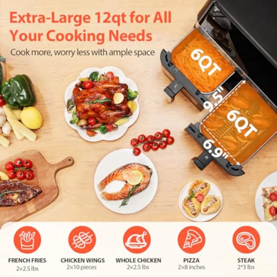 Dual Zone Kitchen Air Fryer 12QT 10-In-1 Functions Touchscreen