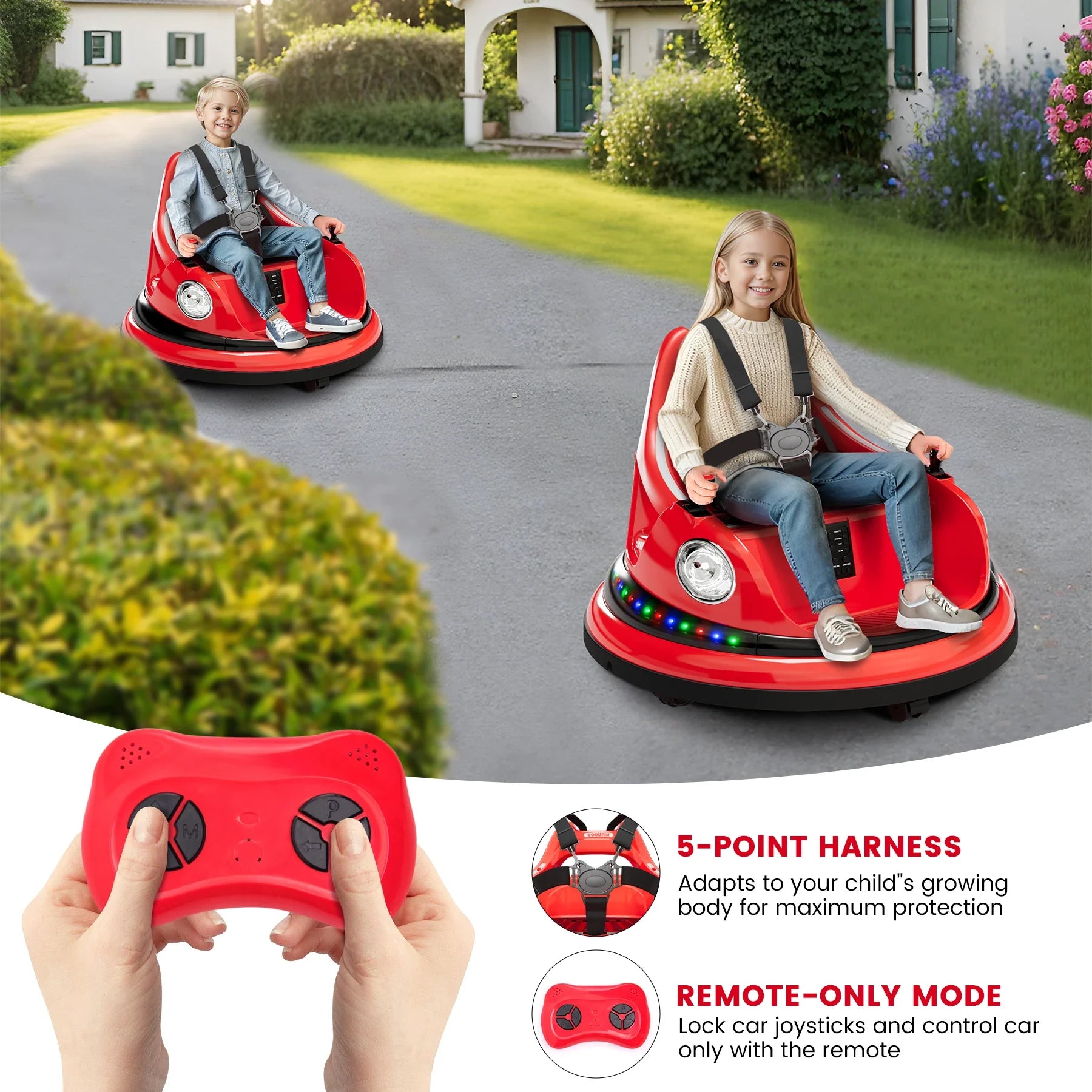 12V Bumper Car for Toddlers Electric Ride On Toys for Kids 1-6 Years LED Lights, 360 Degree Spin, Supports up to 66lbs