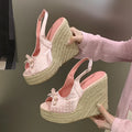Aneikeh Summer Thick Soled Grass Woven High Heels Casual Retro Roman Sandals Polka Butterfly-kont Wedge Platform Woman Sandals
