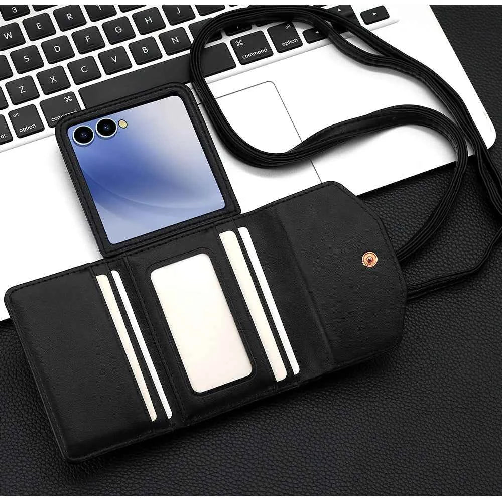 VIETAO Luxury Soft PU Leather Wallet Phone Case for Galaxy Z Flip 7/6/5/4/3 with Crossbody Strap - Durable Protective Cover