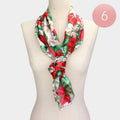 6PCS - Silk Feel Satin Striped Poinsettia Pattern Print Scarves