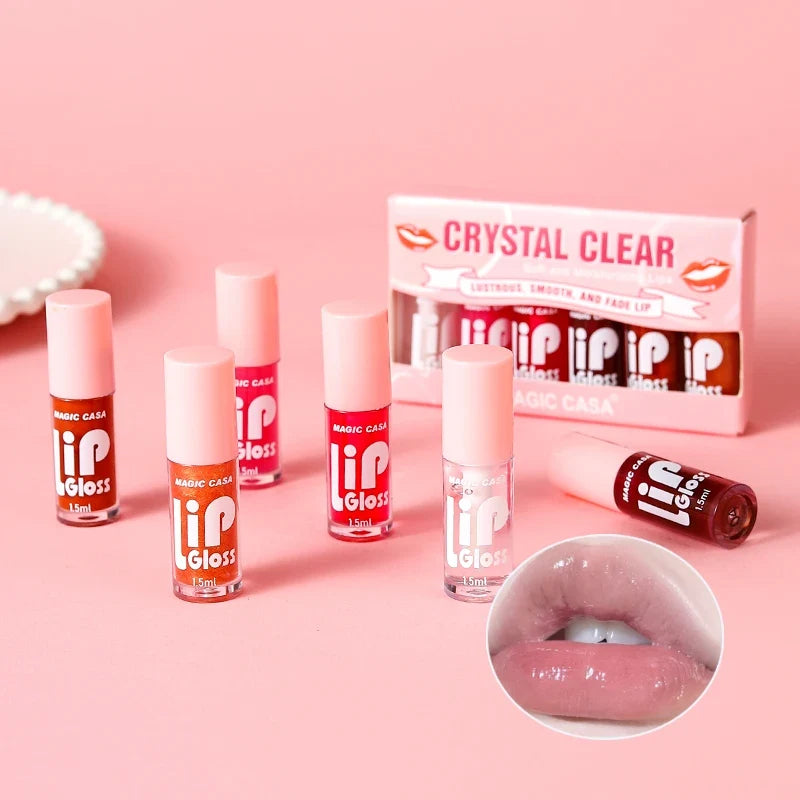 MAGIC CASA 6-Piece Set Water-Gloss Jelly Lip Oil - Plumping, Hydrating, Makeup Base, Long-Lasting Moisture