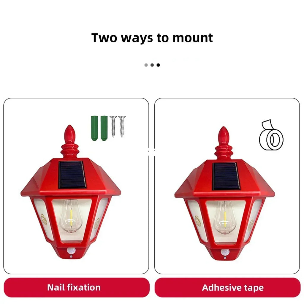 LED Outdoor Solar Wall Light Human Motion Sensing Retro Powered Lamp Waterproof Villa Garden Balcony Decorative Wall Lamp
