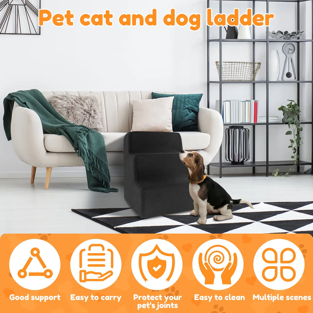 3 Step Pet Stairs High Density Soft Foam Small Dog Ramp Ladder Stair Removable and Washable Non-Slip Dog/Cat Steps Pet Supplies