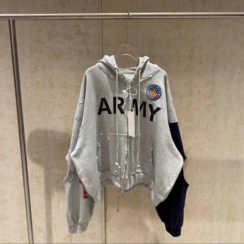 PROJECT G/R 2026 Patchwork ARMY Vintage Damaged Cardigan Pullover Men Women Best Quality Hoodie