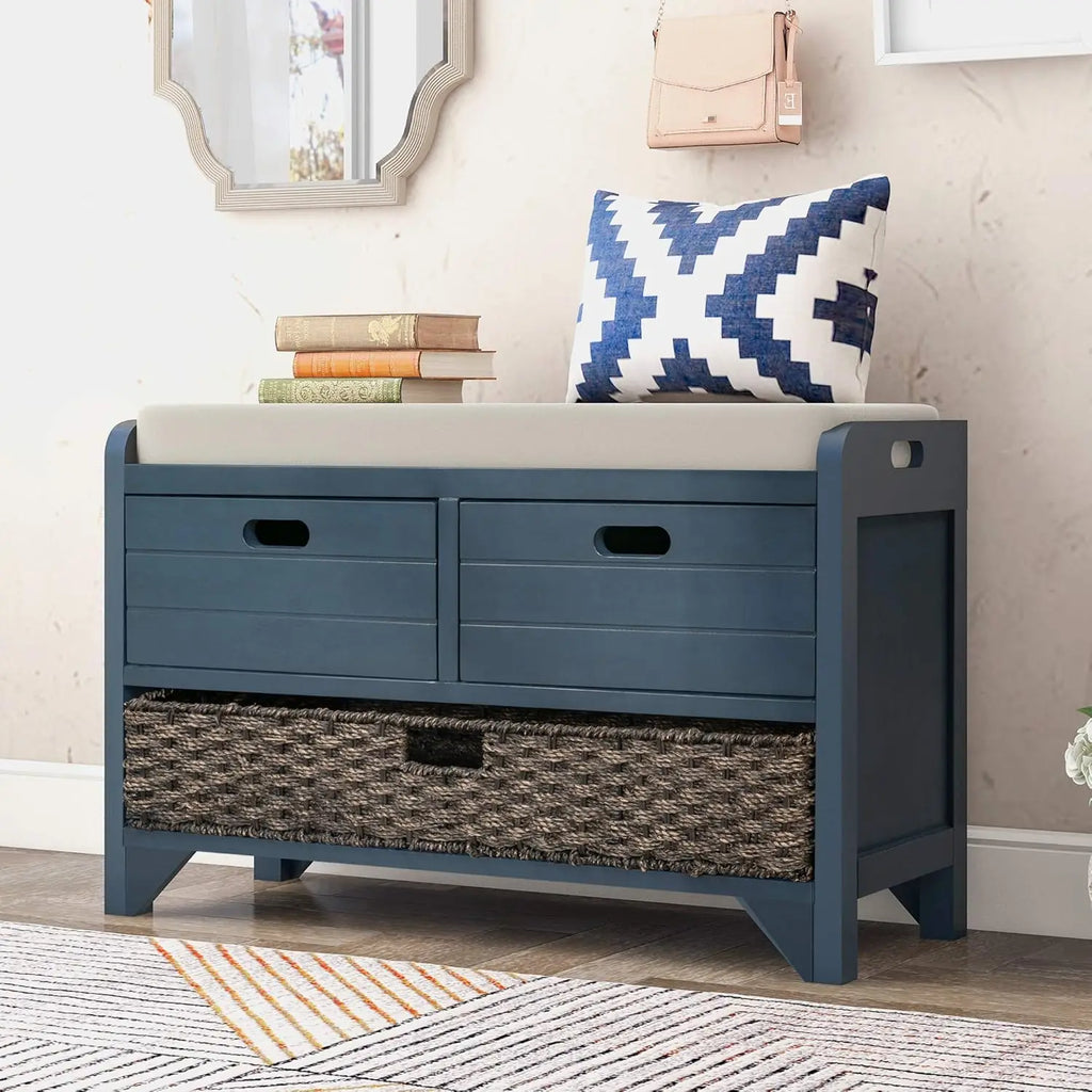 Upholstered Storage Bench for Entryway, Wood Storage Ottoman with Removable Basket and 2 Drawers, Farmhouse Shoe, Customized