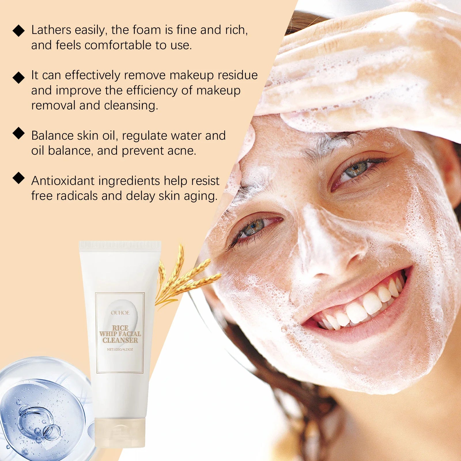 Rice Milk Cleansing Foam 120g Gentle Facial Wash Deep Cleanse Rice Extract Hydrating Non Drying Rich Lather for Soft Bright Skin