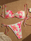 Sexy Pink Floral Print Micro Bikini 2025 Women Metal Starfish Ornament Pleate Push Up Thong Swimsuit Bathing Suit Pool Swimwear