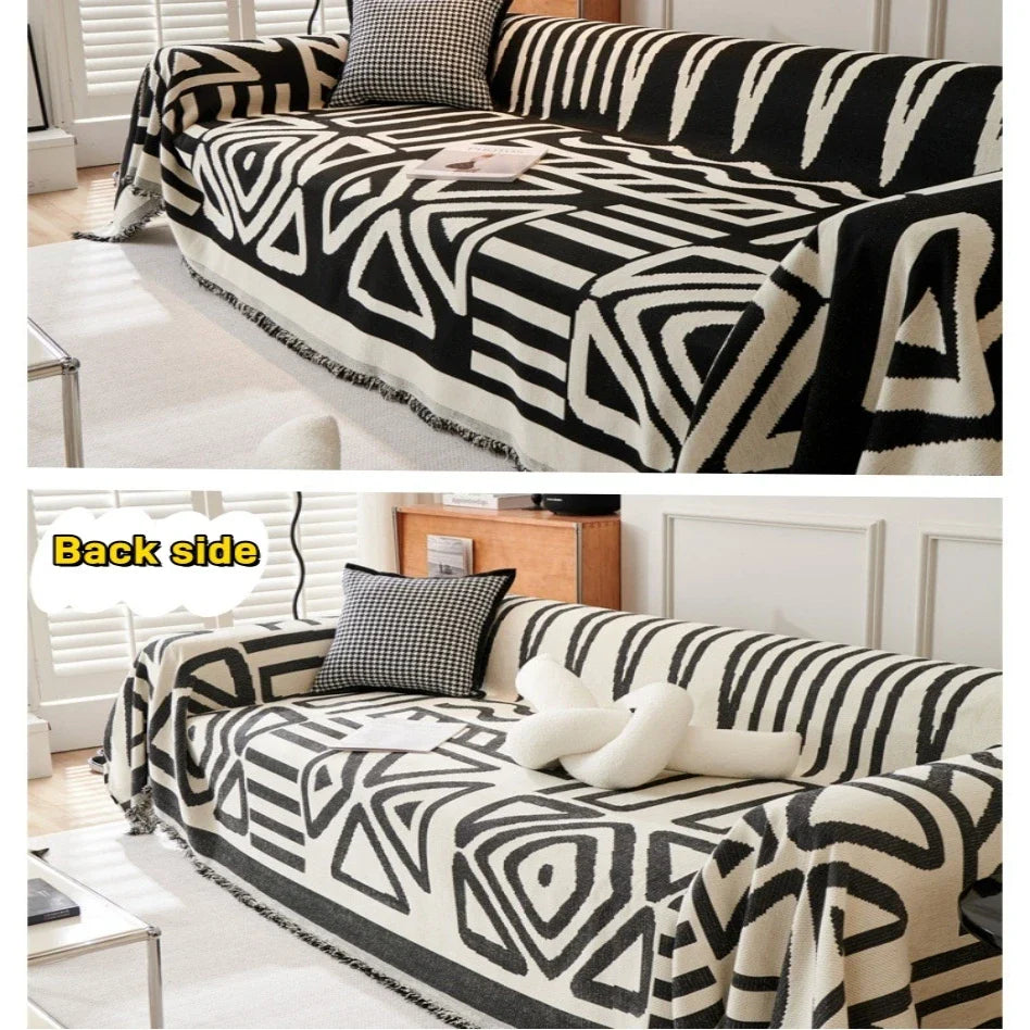 Boho Style Chenille Sofa Towel with Tassels, Double-side, for Living Room Camping Picnic Large Blanket Leisure Relax Beach Towel