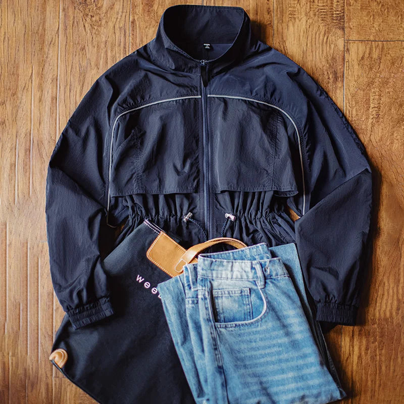Maden Women's Lightweight Stand Collar Short Windbreaker Jacket Navy Blue Contrast Parka with Waist Cinching for Spring and Fall