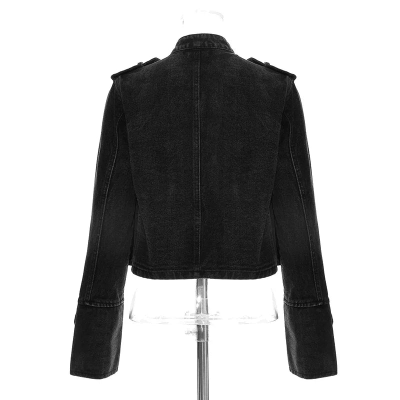 Streetwear Casual Loose Button Split Short Denim Jacket Women Fashion Spring Autumn 2026 Stand Collar Long Sleeve Jean Jacket
