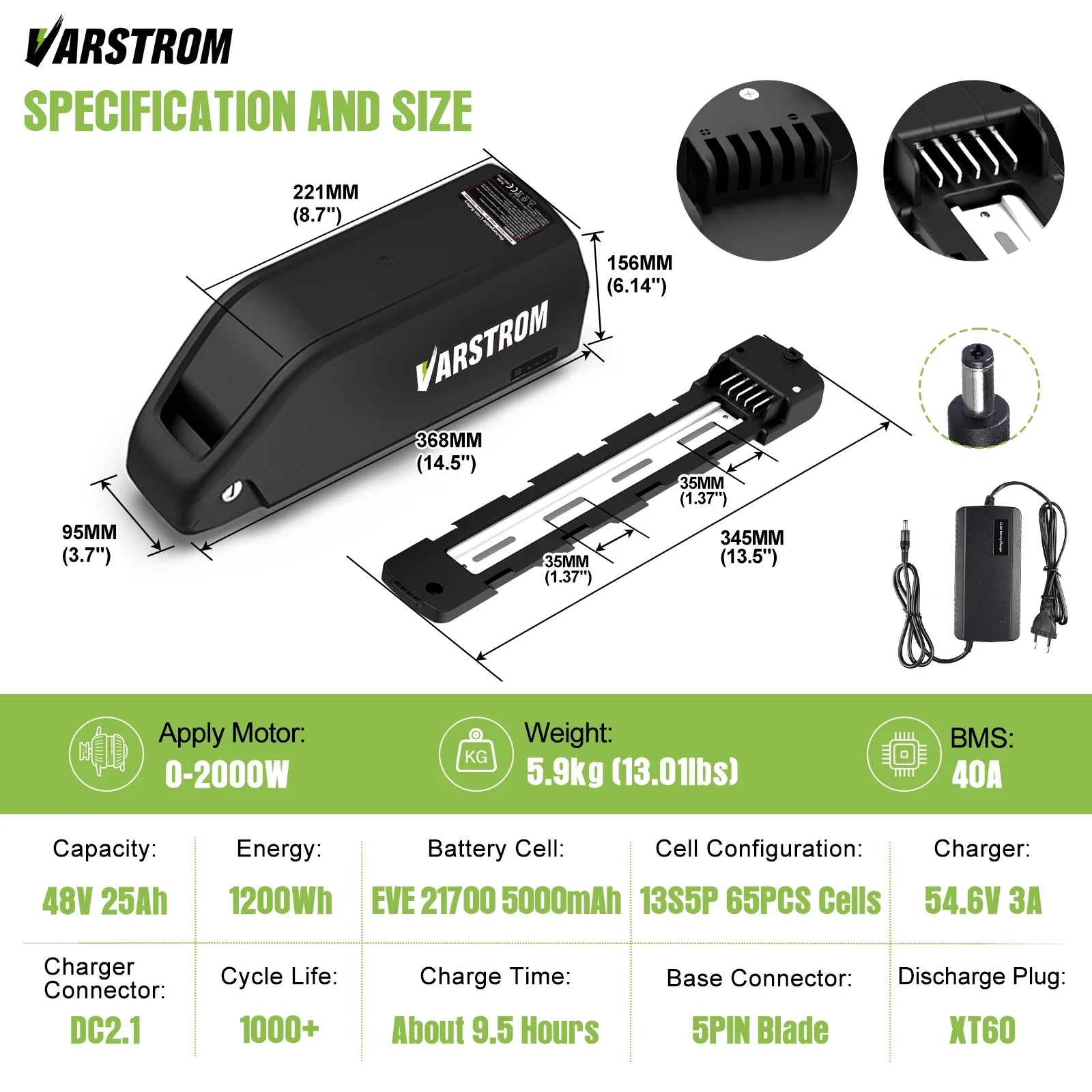 Varstrom Ebike Battery 48V 20Ah 40A BMS Downtube Pack
