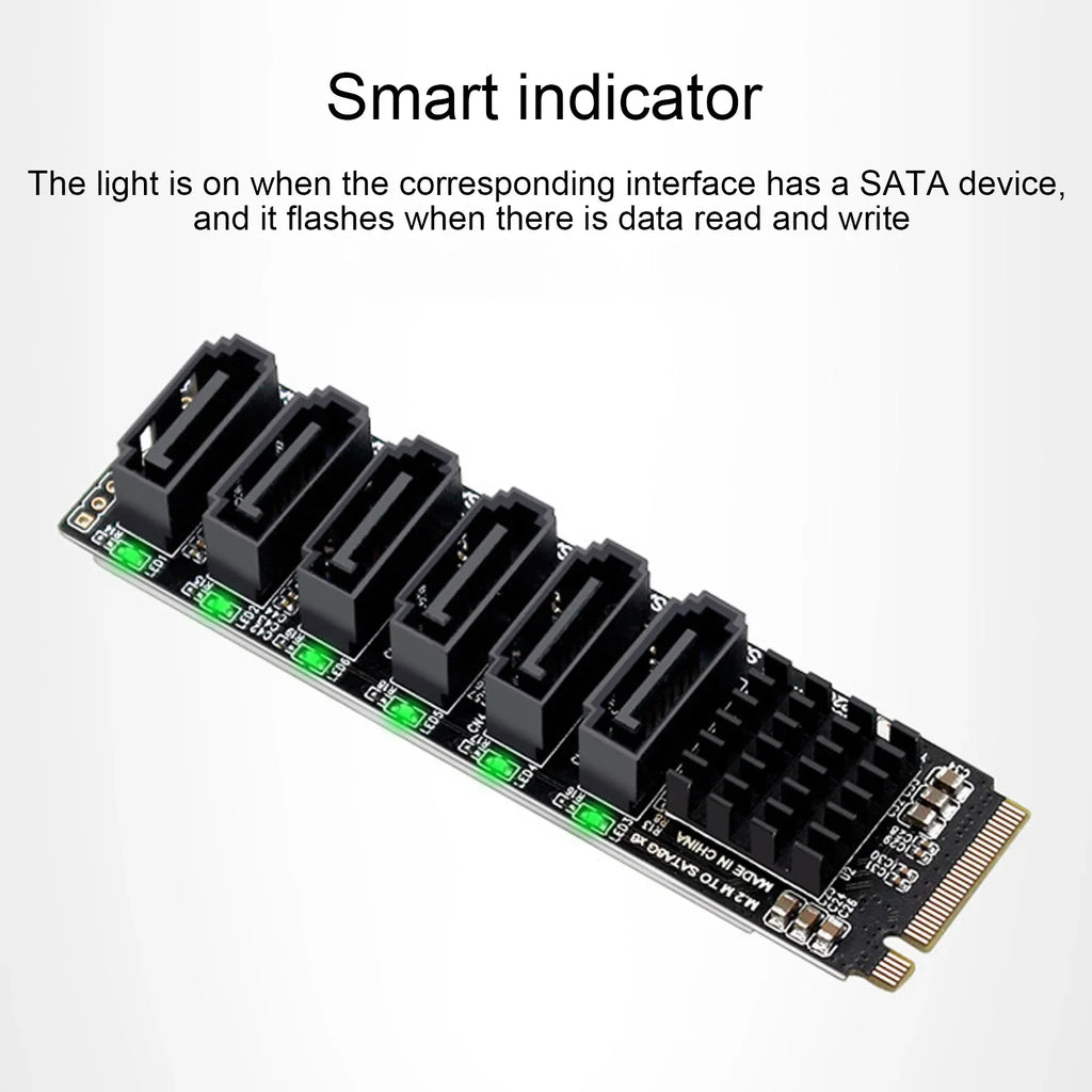 M.2 to SATA3.0 Adapter Card 6Gbps High Speed ASM1166 M.2 PCIE to SATA Expansion Card with Smart Indicator