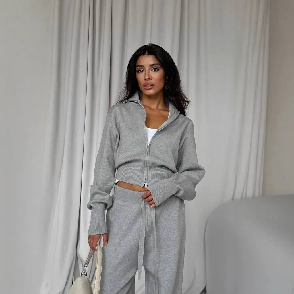 Women Cotton Knitted Cardigan Wide Leg Pants Suit Autumn and Winter Lady  Fashion Loose Daily Office Jacket Straight Pants 2Pcs