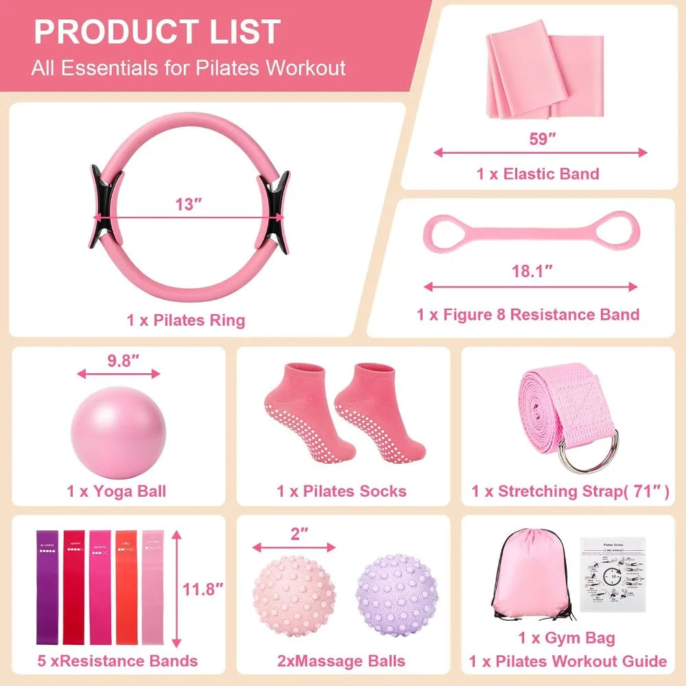 Pilates 14 Piece Kit For Women With Ring Ball Bands Guide